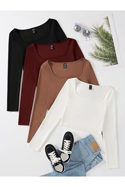 Lorya Giyim Kadın %100 Pamuklu Örme  Fitilli Kare Yaka Kaşkorse  Uzun Kollu Crop Bluz