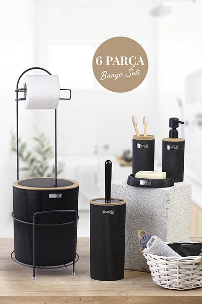 Okyanus Home Μαύρη στρογγυλή Mina Due Stand Χαρτοθήκη WC και Σετ Μπάνιου 6 τεμαχίων