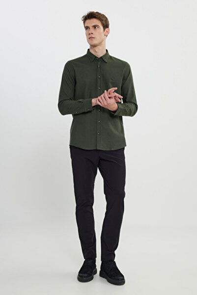 ALTINYILDIZ CLASSICS Ανδρικό πουκάμισο χακί 100% βαμβακερό φανελένιο Slim Fit με κρυφό γιακά με κουμπιά