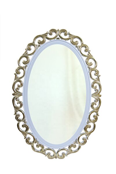 BENGİ TİCARET Dresuar 14603 Dik Bombe Kayın Aslan Ayak Oyma Varak Parlak Beyaz Nakış Oval Ayna