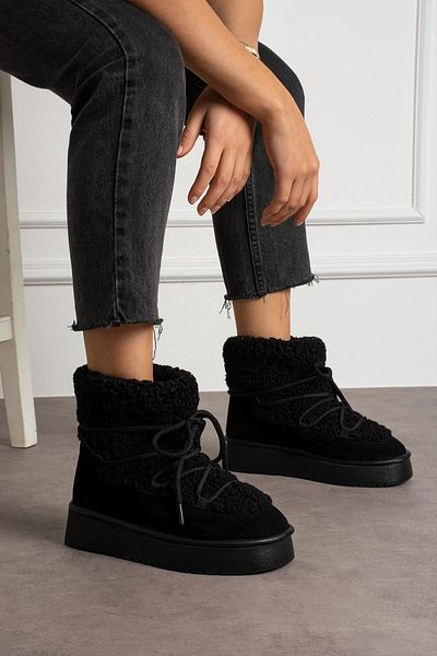 ShoeTek Γυναικείες μπότες Leonya - Lace-Up Snow Boots, Shearling Black Suede