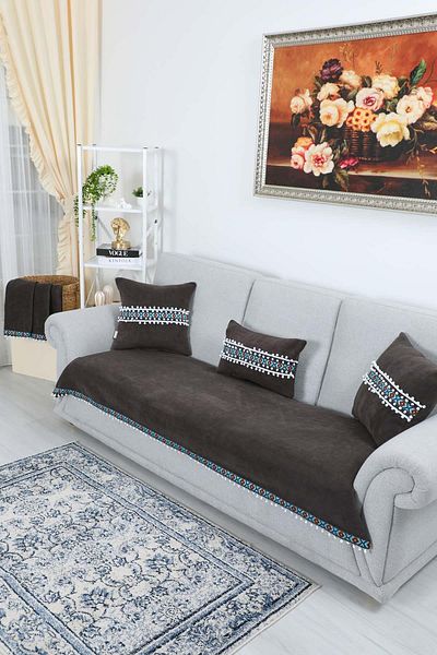 Aisha's Design Husă de canapea din lână anti-alunecare cu model în dungi și pompoane 90x200cm, KO-36
