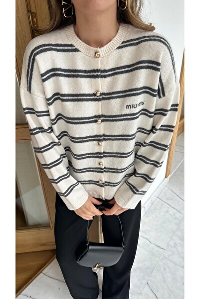 Askı Nişantaşı Cream Text Embroidered Striped Gold Buttoned Cardigan