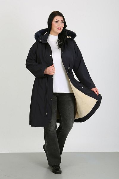 By Alba Collection Women's Dark Navy Water Resistant Long Bondit Fabric Inside Wool Plus Size Coat