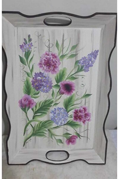 DERYA DESİNG ART Dekoratif One Stroke El Boyaması Ahşap Çay Tepsisi  37x32cm