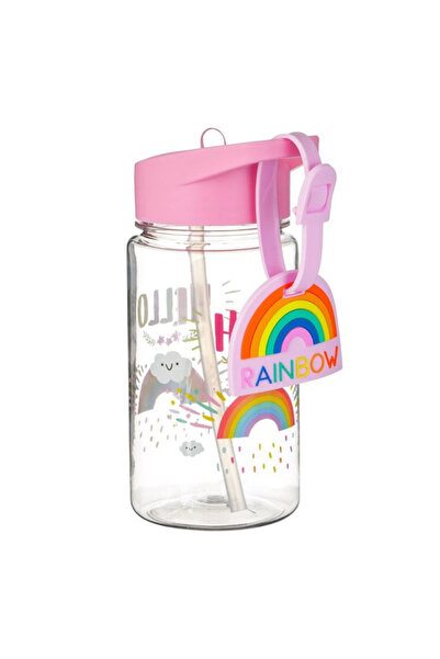 Floopy Sticla de apa copii cu pai, Roz, Rainbow cu Eticheta Curcubeu, 440 ml,...