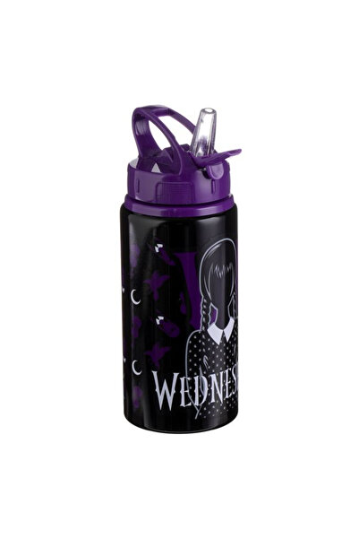 Floopy Sticla de apa copii, cu pai, Wednesday, Aluminiu, 500 ml, Negru si Mov...