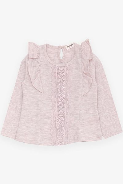 Breeze Beige Melange Baby Girl T-Shirt - Long Sleeve, Laced and Ruffled, 6 Months-2 Years