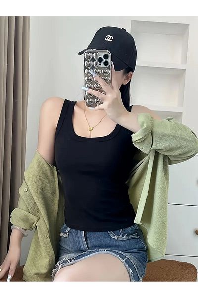 POLYMOOD Women's Black Slim Fit Ribbed Look Strappy Tank Top