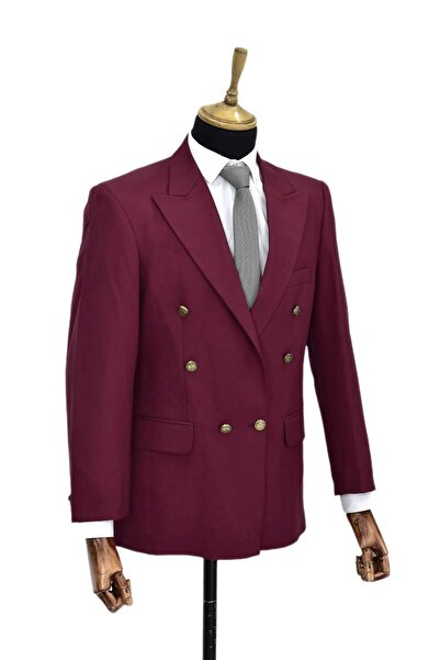 BAGLAN Men's Burgundy Color, Double Breasted Single Jacket Pointed Collar Bgl-Krv001