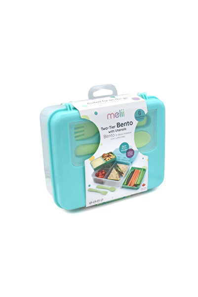 Melii Cutie Pranz, Bento, 2 Nivele, Caserola Cu Tacamuri, Blue Mint Lime