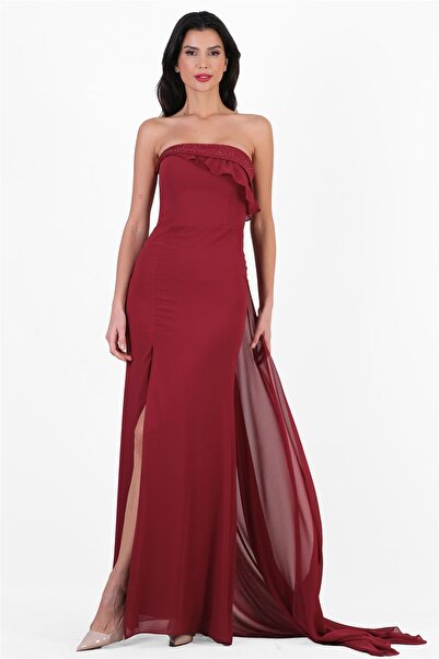 Spazio Crocina Devrik Straplez Yaka Taşlı Yırtmaçlı Uzun Abiye Elbise BORDO