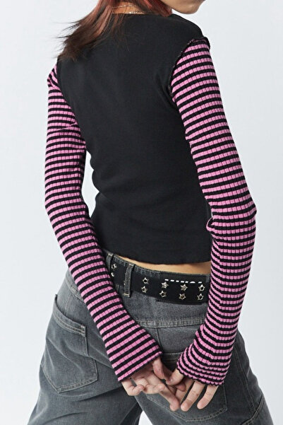 Köstebek Crop cu mânecă lungă Raglan negru roz Star Gothic Y2K