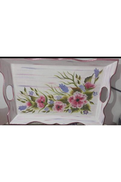 DERYA DESİNG ART Dekoratif One Stroke El Boyaması Ahşap Çay Tepsisi  37x32cm