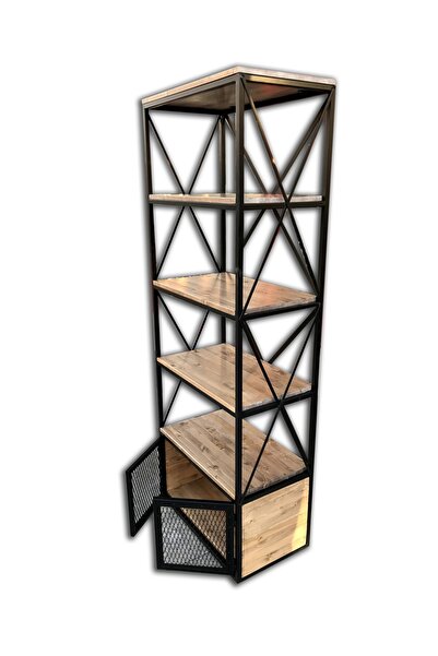 BENGİ TİCARET Kitaplık X 18114 Metal Çapraz Yan Ladin Natüre Raf Parlak Siyah Tel Kapak El Yapım