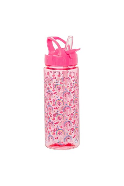 Floopy Sticla de apa copii, bidon cu pai, 500 ml, Curcubeu, Roz, Flip Top, pe...