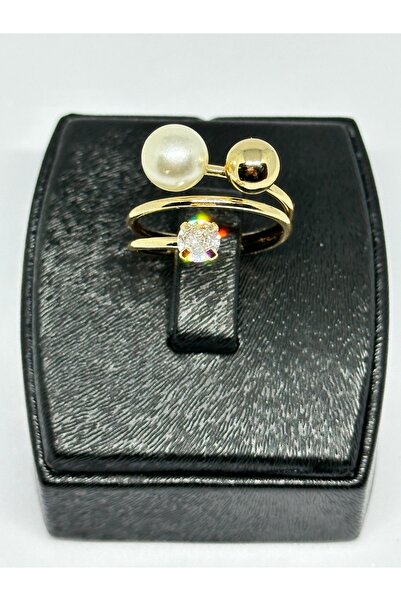 Eslem Aksesuar Gold altın renk kadın yüzük üçlü top inci metal top ve zirkon ...