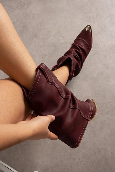 ShoeTek Дамски каубойски ботуши Sasilya с връхни пръсти, желязо, бордо, матова кожа