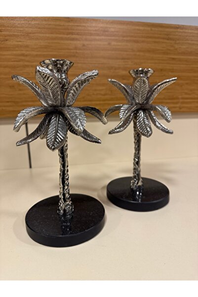 PLUS HOME DEKORATİF 2'Lİ DÖKÜM PİRİNÇ MUMLUK GÜMÜŞ 24 CM