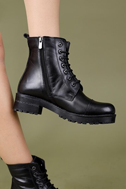 Getcho Ahsar Kadın Hakiki Deri Bağcıklı Siyah Bot