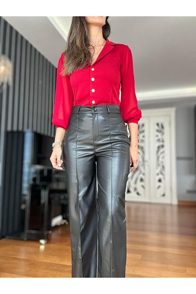 Atelier Derin Black High Waist Raster Palazzo Leather Pants
