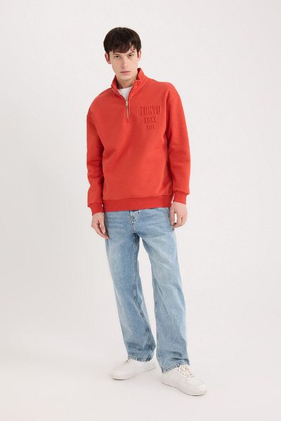 DeFacto Bequemes, bedrucktes Sweatshirt mit Stehkragen und Reißverschluss – bequeme, normale Passform B0254AX24AU