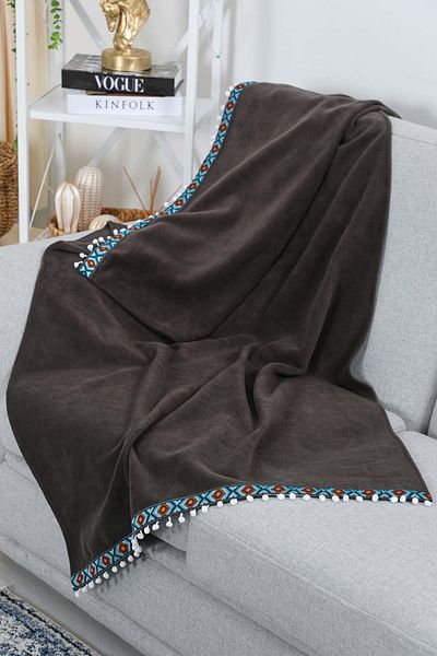 Aisha's Design Şal de canapea din lână anti-alunecare - model dungi şi pompon, pătură TV 90x175cm,ks-6