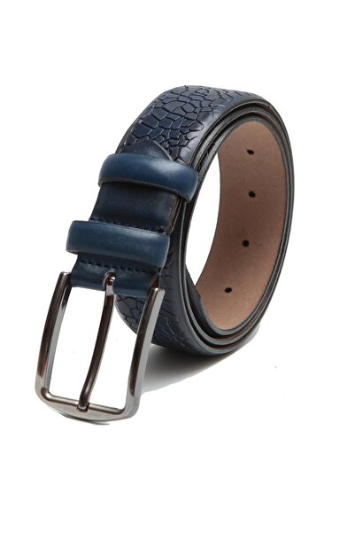 Esgue Curea din piele naturală de 3,5 cm model imprimat bleumarin