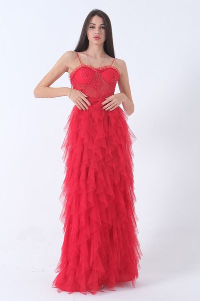 Feminist Transparent Jewelled Skirt Frilly Evening Dress Red9705034