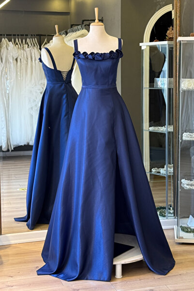 Lenta Moda Lacivert Çiçek Detaylı Yırtmaçlı Maxi Boy Saten Abiye Ve Gece Elbi...