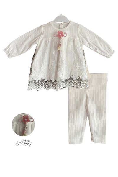 MASENKIDS Combed Bottom Top Set Baby Combed Set with Butterfly and Bead Detail