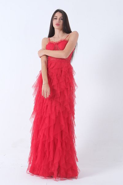 Feminist Transparent Jewelled Skirt Frilly Evening Dress Red9705034