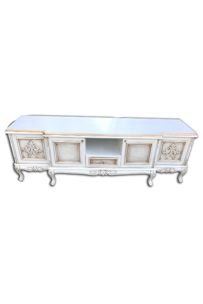 BENGİ TİCARET TV Sehpa ST 17934 Lüx Klasik Modl Kayın ASLAN Ayak Oym Hasır Gölge Beyaz El yapım