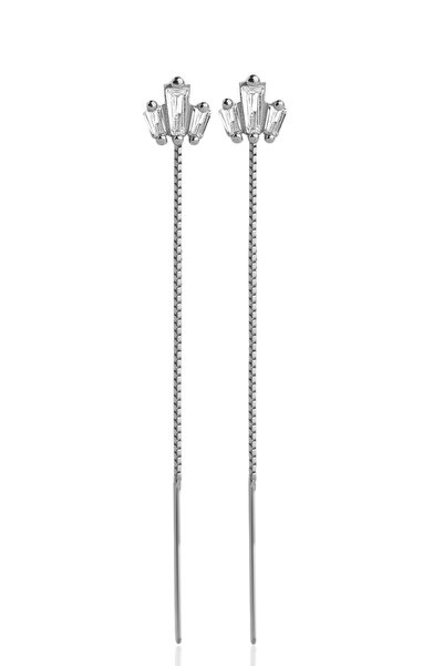 jelux silver Gümüş 925 Ayar 7 Cm Trapez Zirkon Taşlı Zincirli Küpe