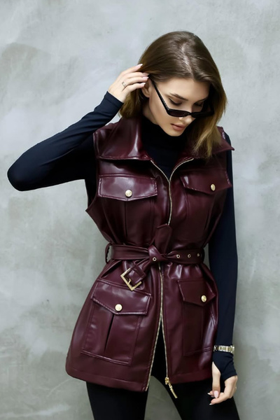 msendam Belt Pocket Midi Shirt Collar Faux Leather Women's Vest