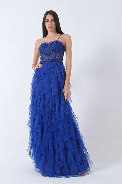 Feminist Transparan Taşlı Eteği Fırfırlı Abiye Saks 9705034