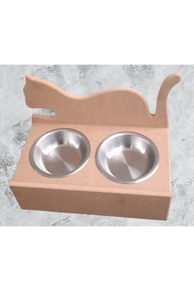 BENGİ TİCARET Hobby Erc 90368 Model - Wooden MDF Raw Stainless Cat Food and Water Bowl Handmade