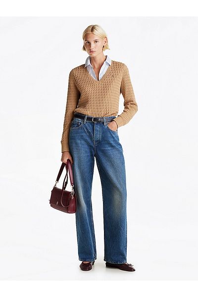 Tommy Hilfiger V-Neck Print Beige Sweater - Cotton, Thin Knit, Regular Fit Ww0Ww44987-Rbc