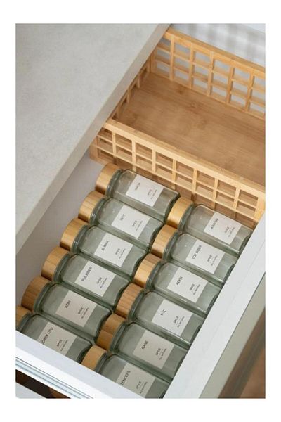 PANJI Set of 12 Square Form Glass Spice Jars with Bamboo Lids / 16 Labels