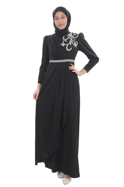 lodmela Βραδινό φόρεμα Hijab - Λεπτομέρεια από πέτρα, Μαύρο 687