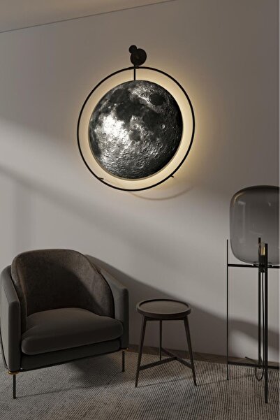 Wallover Design Moonglass (KABLOSUZ PİLLİ LEDLİ) Lüx Dolunay Ledli Tablo - Modern Metal Camlı Tablo