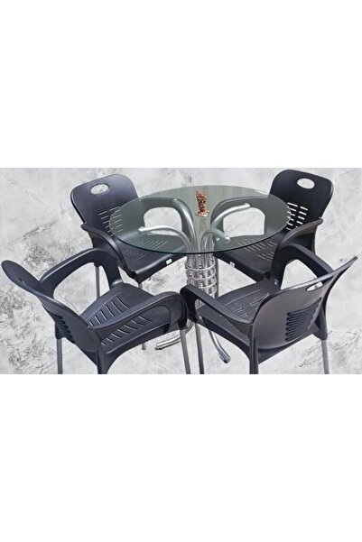 BENGİ TİCARET Masa 90279 Takım Temper Cam Gri Siyah Kolçak Sandalye Mutfk Bal...