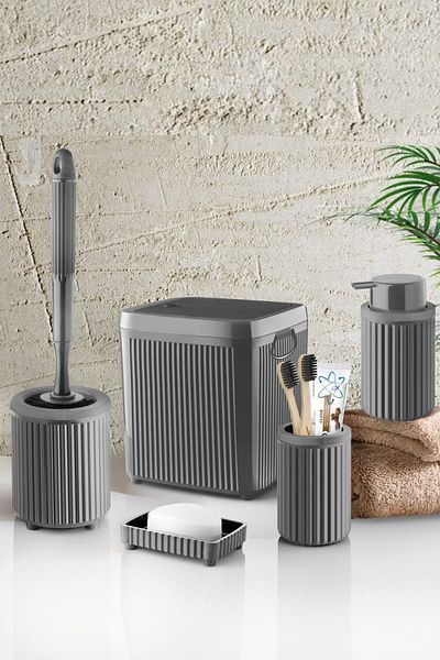 Eminem 5 Piece Luxury Bathroom Set - Decorative Round Practical Lid Dustbin Toothbrush Holder Soap Dispenser Brush Set