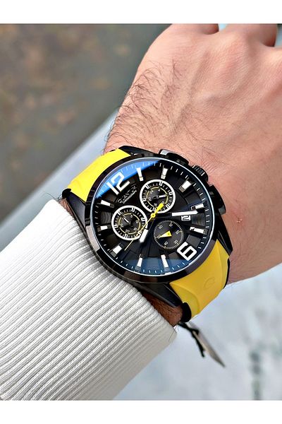 Quantum Function Yellow Color Silicone Cord Steel Case Men's Wrist Watch 1076.654