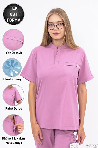 Vistros Medikal Likralı Takım Yüksek Kaliteli Scrubs Hakim Yaka Hemşire Doktor Üniforma (ÜST) V-019