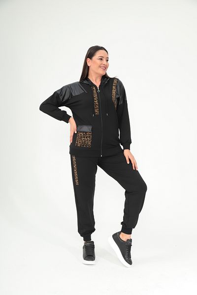 Şans Women's Plus Size Black Front Zippered Leather and Stone Detailed Hooded Tracksuit Suit 65N38694