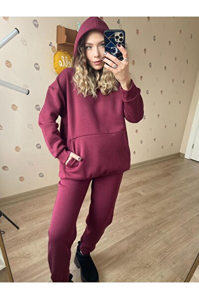 Bordo Kapüşonlu İçi Polarlı Hoodie Eşofman Takım