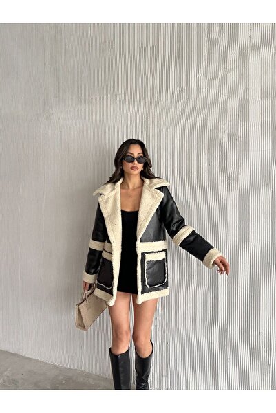 Rabia Çelik Kadın Siyah İçi Komple Kürklü Büyük Cep Detaylı Düğmeli Deri Kışl...