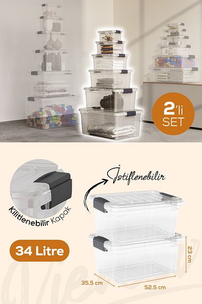 Vienev 2-Piece 34-Liter Storage and Storage Box with Lock Lid 33116