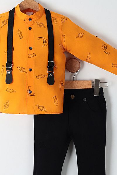 Pollito Boy's Dinosaur Print Cotton Shirt Gabardine Pants 3 Piece Set
